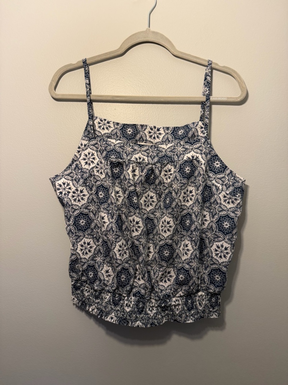 LOFT Blue and White Printed Smocked-Hem Cami